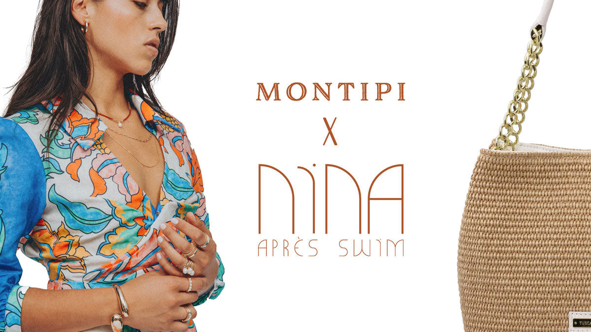 Model wearing Nina Après Swim's Ornate mini dress and Straw-Effect Chain Crossbody Bag shown separately