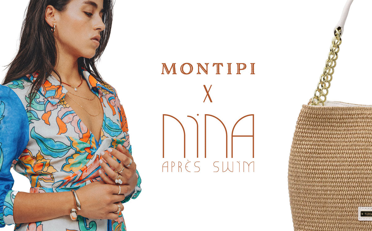 Model wearing Nina Après Swim's Ornate mini dress and Straw-Effect Chain Crossbody Bag shown separately
